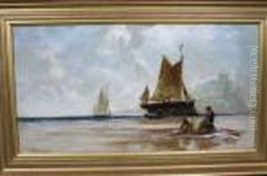 Low Tide, With Fishing Boats And Figures, Castle Beyond