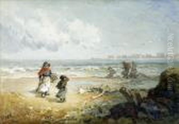 Homeward Bound, Figures On A
Lane By A Cottage In A Wooded Summerlandscape; A Blustery Day, Cockle
Gatherers On A Windswept Beach - view 1