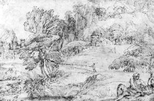 An extensive mountainous Landscape with two Figures in the Foreground and a Castle by a River by Agostino Carracci