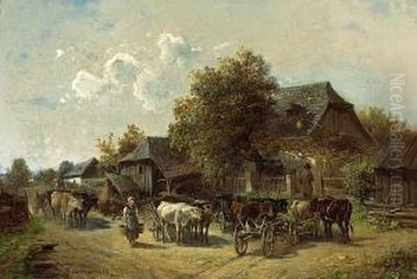 Oxen Carts In Front Of A Farm - view 1