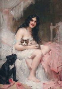 Beauty In Bed With Kitten And Black Dog by Leon Francois Comerre