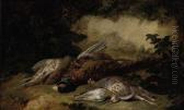 A Dead Pheasant, Grouse And A Snipe In A Wooded Clearing - view 1