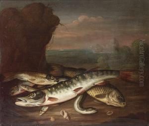 A Pike, An Eel And Other Fish With Shells In A Landscape, A Bay Beyond