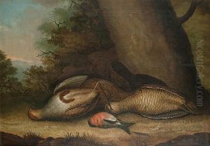 A Still Life Of Dead Game And A Bull Finch At The Foot Of A Tree by Stephen Elmer
