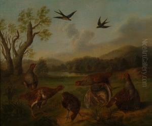A Flock Of Partridge With A Lake And Swallows