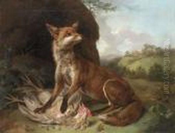 A Fox With A Dead Cockerel In A Landscape - view 1