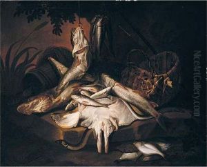 Still Life Of Fish With A Rod And Basket by Stephen Elmer