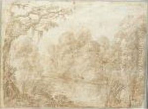 Woodland Around A Pond With A Figure In The Bull-rushes