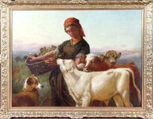A Farm Girl With Three Calves And A Dog