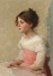 Portrait Of A Beautiful Young Girl Seated, Wearing A White Dress With A Red Sash. by Alfred Edward Emslie