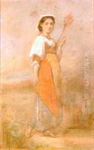 Watercolour Of A Persian Girl Spinning Silk by Alfred Edward Emslie