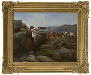 Knitting Milkmaid With Cows On Summerpasture