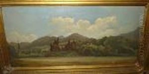 Mountainous Bavarian Castle Scene With Figures To The Fore