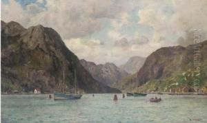 Fishing Boats Lying On Their Moorings In A Norwegian Fjord by Henry Enfield