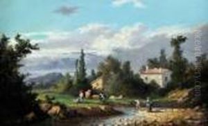 Au Bord De La Riviere. by Marius Engaliere