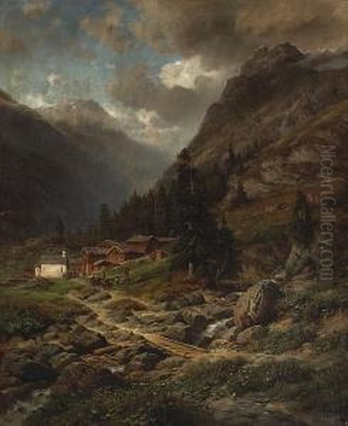 An Alpine Landscape With Figures Outside A Village - view 1