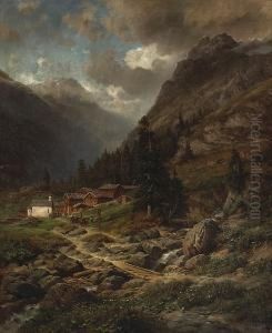 An Alpine Landscape With Figures Outside A Village