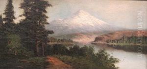 A River Landscape With A Snow-capped Peak Beyond by John Joseph Englehardt