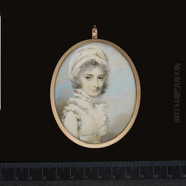 Miss Scott, Wearing White Dress
With Frilled Collar And Shoulder Caps, Double-sided Pale Peach And Pale
Blue Ribbon Around Her Waist And Shoulder, Double Frilled Standing
Collar And Turban Striped With Matching Ribbon. - view 1