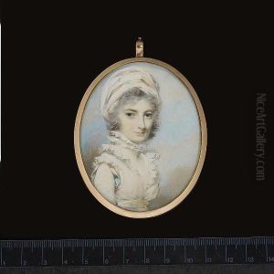 Miss Scott, Wearing White Dress
With Frilled Collar And Shoulder Caps, Double-sided Pale Peach And Pale
Blue Ribbon Around Her Waist And Shoulder, Double Frilled Standing
Collar And Turban Striped With Matching Ribbon. by George Engleheart