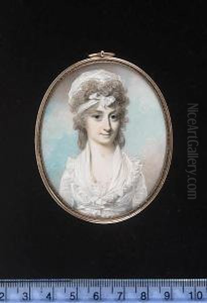 A Young Lady, Wearing White
Dress With Lace Trim, Fichu With Frilled Edge And White Turban Tied At
The Front In A Bow In Her Powdered Banging Chignon. - view 1
