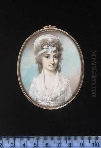 A Young Lady, Wearing White
Dress With Lace Trim, Fichu With Frilled Edge And White Turban Tied At
The Front In A Bow In Her Powdered Banging Chignon. by George Engleheart