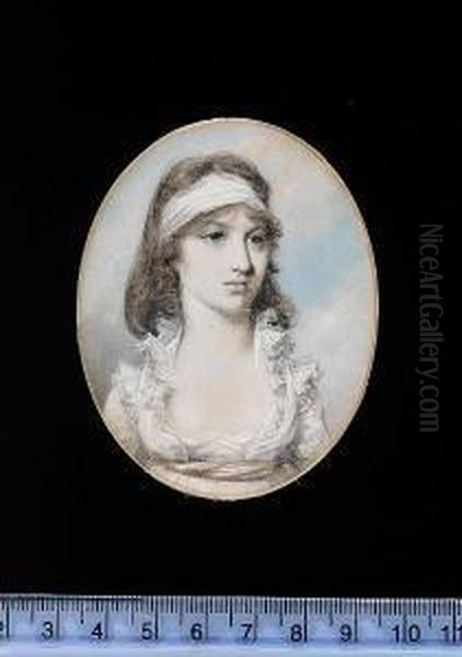 A Young Lady, Wearing Decollete 
White Dress With Peach Waistsash, White Bandeau, Her Hair Powdered And 
Worn In A Chignon. - view 1