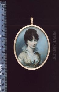 Eliza Scott (nee Jervis),
Wearing White Dress With High Lace Collar, Held At Her Corsage With A
Jewelled Brooch, Pale Yellow Shawl Around Her Shoulders, A Pearl Comb In
Her Upswept Dark Brown Hair, Gold Hoop Earrings by George Engleheart