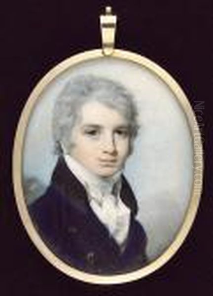 A Gentleman, Wearing Blue Coat 
With Black Collar, Cream Waistcoat And Tied White Stock, His Hair 
Powdered - view 1
