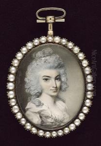 A Lady, Wearing White Dress With
 Strand Of Pearls Across Her Chest, A White Ribbon In Her Powdered Hair - view 1