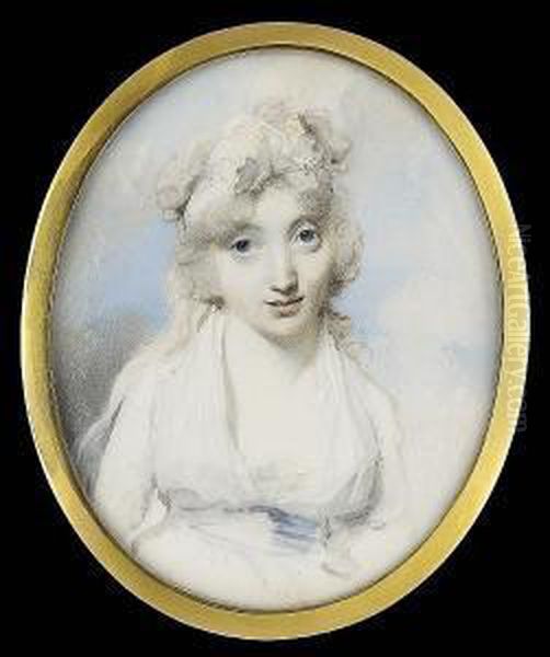A Lady, Wearing Decollete White
Dress And Open Fichu Tucked Into A Pale Blue Waistband, A Yellow-edged
Frilled White Bandeau In Her Hair And Long Ribbon Trailing Over Her
Right Shoulder - view 1