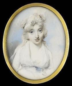 A Lady, Wearing Decollete White 
Dress And Open Fichu Tucked Into A Pale Blue Waistband, A Yellow-edged 
Frilled White Bandeau In Her Hair And Long Ribbon Trailing Over Her 
Right Shoulder