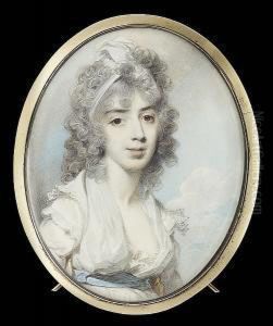 Mrs Samuel Stephens, Seated 
Wearing White Dress With Open Fichu, Frilled Shoulder Caps And Pale Blue
 Waistband, A White Open Turban In Her Long Curled Powdered Hair