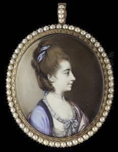 A Lady, In Profile To The Right,
 Wearing White Dress With Striped Pale Blue Ribbon Trim Tied In A Bow At
 Her Corsage, Blue Robe Trimmed With Black Fur, Pink Shawl Over Her Left
 Shoulder, Double Strand Pearl Necklace Tied With White Edged Blue 
Ribb