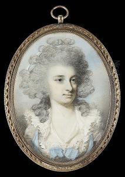 A Lady, Wearing White Dress With
Frilled Collar And Blue Ribbon Over Her Shoulders And Tied In A Bow At
Her Corsage, A White Ribbon About Her Neck And White Bandeau In Her
Powdered Hair - view 1