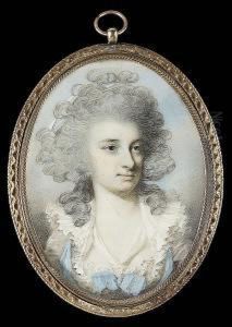 A Lady, Wearing White Dress With
Frilled Collar And Blue Ribbon Over Her Shoulders And Tied In A Bow At
Her Corsage, A White Ribbon About Her Neck And White Bandeau In Her
Powdered Hair by George Engleheart
