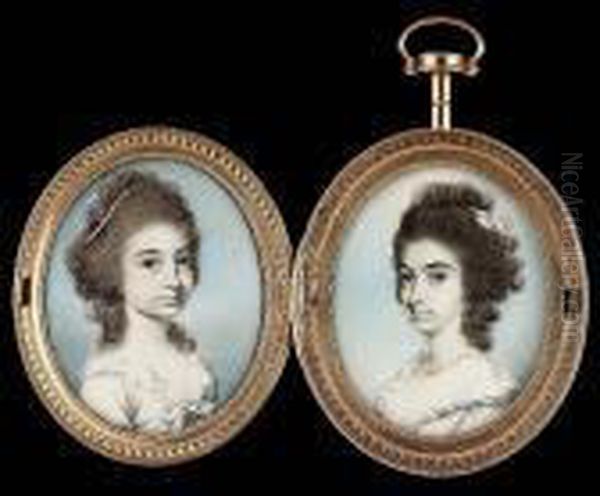 A Double Portrait Of Ladies,
Probably Sisters, Facing Each Other: One, Wearing White Dress With
Frilled Trim And Ribbon Bow, Strand Of Pearls And Gauze In Her Curled
Hair; The Other, Wearing Decollete White Dress With Frilled Collar,
Pearl Necklac - view 1