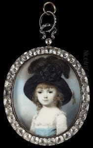 A Child, Wearing Low-cut White
Dress With Frilled Trim And Wide Pale Blue Sash. Large Black Hat Adorned
With Satin Rosette, Ostrich Feathers And Gold Tassle by George Engleheart