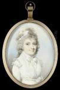 A Lady, Wearing White Dress, 
With Tied Ribbon Waistband And Frilled Shoulder Caps, White Fichu, Tied 
Cravat And Bandeau In Her Long Curled And Powdered Hair
