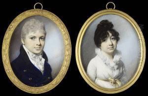 A Pair Of Portraits Of Mr And
Mrs Flint: He, Wearing Blue Coat With Black Velvet Collar, White
Waistcoat, Tied Stock And Frilled Cravat; She, Wearng White Dress With
Frilled Collar And Yellow Ribbon Waistband Tied In A Bow At The Front by George Engleheart