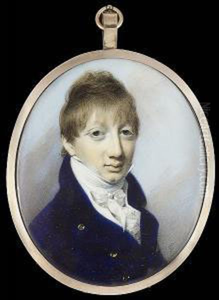 A Young Gentleman, Wearing Dark
Blue Coat, White Waistcoat, Tied Stock And Frilled Cravat - view 1