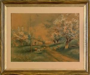 Spring Landscape With Sheep And Farm by Frank F. English