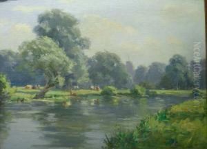Pastoral River Scene by Augustus William Enness