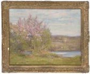 Trees In Blossom On A River Bank by Augustus William Enness