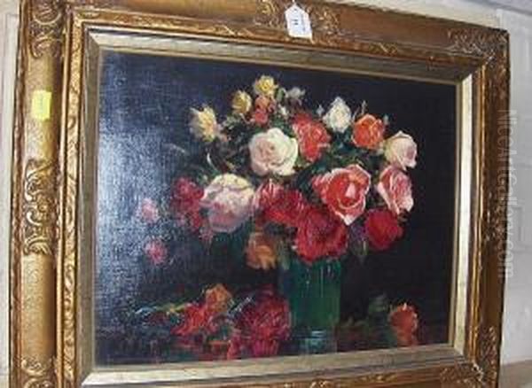 Still Life Of Roses In A Green Vase - view 1