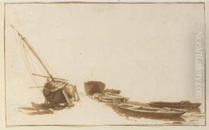 Study Of A Weyschuit On The Shore And Some Rowing Boats In The Water by Johannes Episcopius
