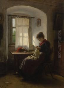 Nahende Junge Frau Am Fenster by Rudolf Epp