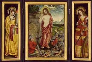 Small winged altar with the Resurrection of Christ St Barbara and St Catharine by Lucas The Elder Cranach