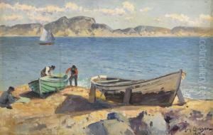 Strandparti Med Fiskare Och Uppdragna Batar - Motiv Fran Marstrand by Johan Erik Ericson