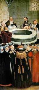 Triptych left panel Philipp Melanchthon performs a baptism assisted by Martin Luther centre panel the Last Supper with Luther amongst the Apostles right panel Luther makes his confession Luthers sermon below by Lucas The Elder Cranach